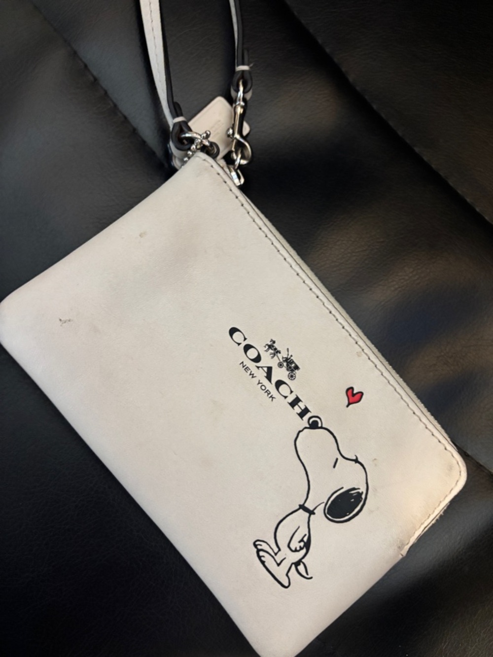 Coach White Leather Snoopy Wristlet with Red Heart